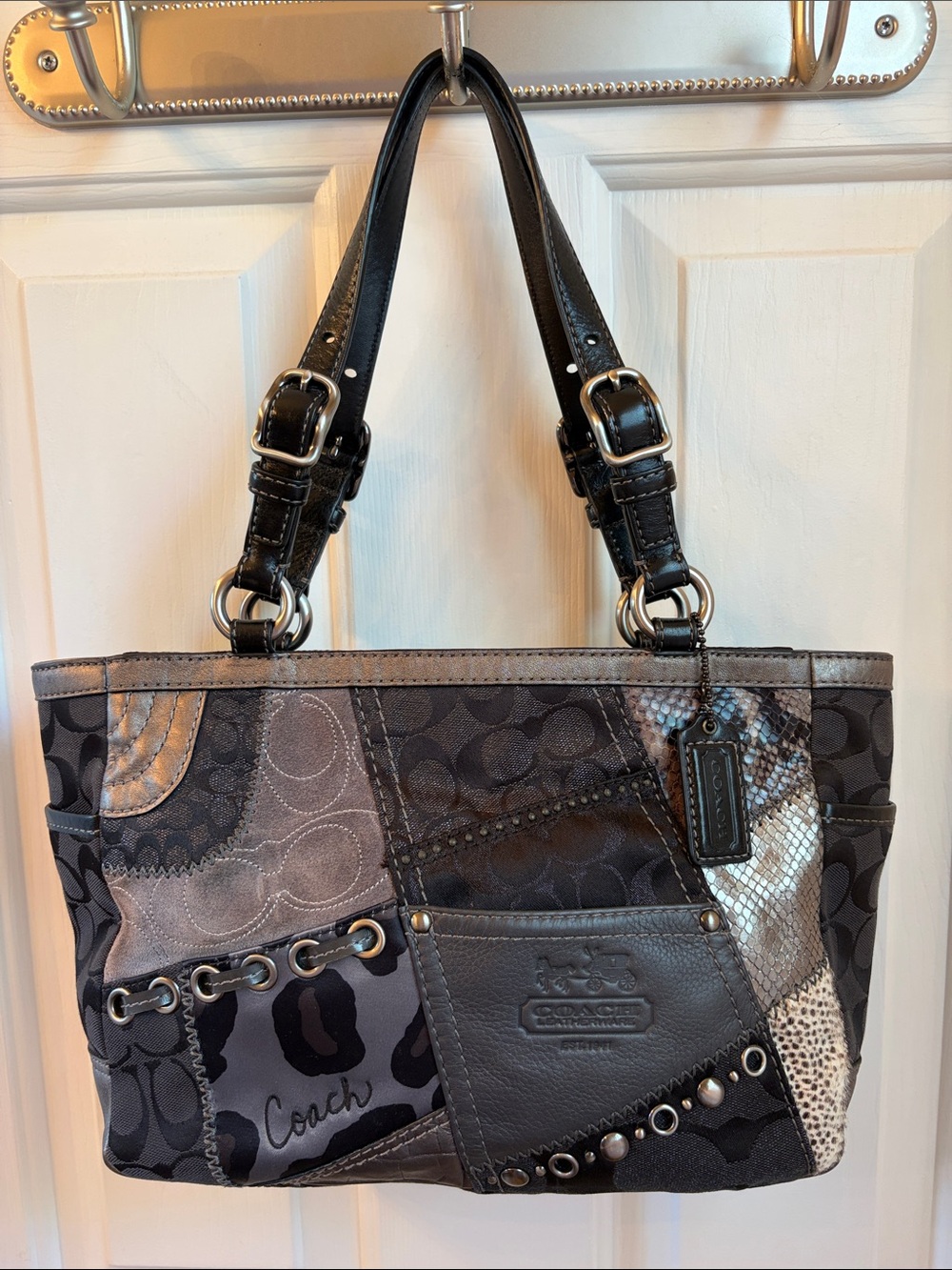 Coach Patchwork Signature Tote in Black and Gray
